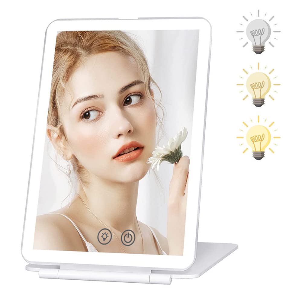 Funvalley Surperfect Rechargeable LED Makeup Mirror with 3 Colour Lighting - Portable Travel Vanity Mirror with Touch Screen & Dimmable Lights | Folding Tabletop Cosmetic Mirror for Home & Travel
