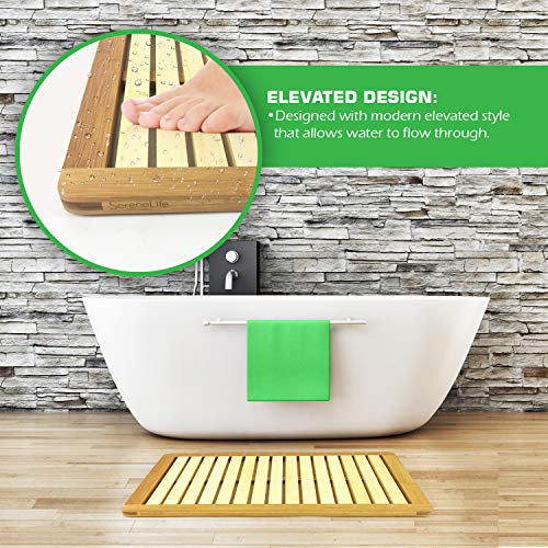 SereneLife Bamboo Bath Mat 23.5” x 18” Heavy Duty Natural Wood Bathroom