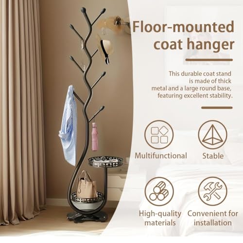 Metal Standing Coat Rack, Small Space Coat Freestanding Hanger Coat Stand with Natural Metal Base & 8 Hooks, Tree-Shaped Coat Rack for Entryway, Hallway, Bedroom, can Hang Clothes, Hats (Black)