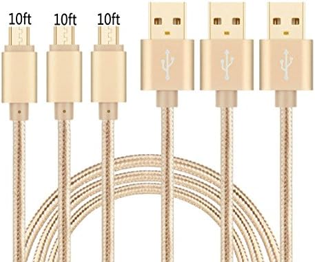 Micro USB Cable,3Pack 10FT/3M Nylon Braided Tangle-Free High Speed USB 2.0 A Male to Micro B Sync and Charging Cord Wire for Samsung, HTC, Motorola, Nokia, Android, and More (gold)