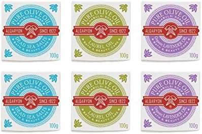 Pack of 6x100g: Pure Olive Oil Bar Soaps, Bath &amp; Body Wash, Pack of 6 Bars (2xDead Sea Salts, 2xBay Laurel Oil, and 2xOrg. Lavender Vera)