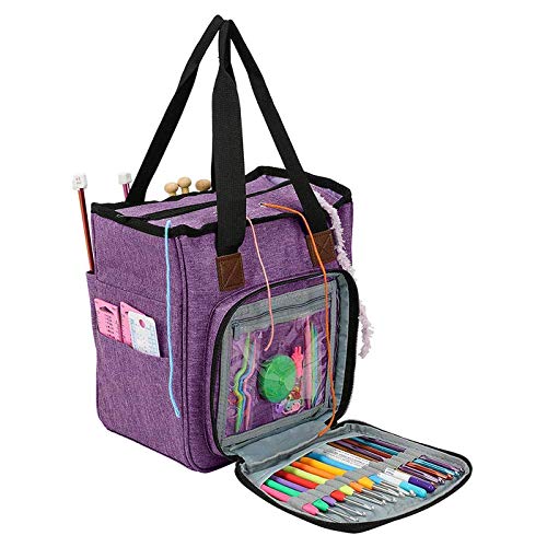 gotor Yarn Storage Tote, Knitting Tote Bag, Crochet Storage Organizer for Carrying Cotton Yarns, Knitting Needles, Crochet Hooks and Other Accessories, Purple