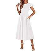 CFLONGE Women's Casual Short Puff Sleeve Summer Dresses for Women 2025 High Waist Casual Flowy A Line Midi Dress with Pockets