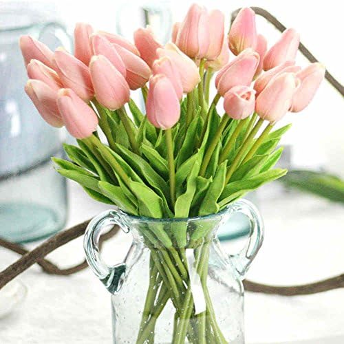 Chunqi Artificial Flowers,Fake Flowers Bouquet Silk Tulip Real Touch Bridal Wedding Bouquet for Home Garden Party Floral Decor 12Pcs (Pink)