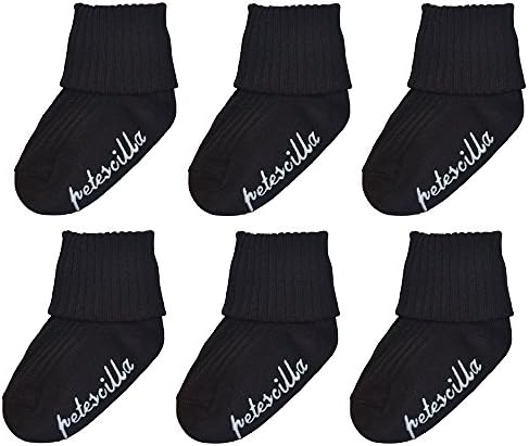 Petescilla Baby Black White Socks Crew/Turn Cuff Bootie Non-Skid (Black - 6 Pair)