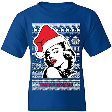 Merry Kissmas Ugly Xmas Youth T-shirt Marilyn Monroe Red Lips Tee Royal Blue YOUTH Large