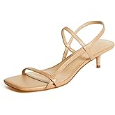 JustFab Kitten Heels for Womens Square Open Toe Slip on Heels Strappy Sandals Comfort Dress Party Shoes - NICOLE(9.5, Nude)