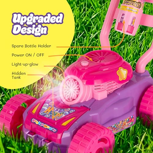 Hoopi Extreme Bubbles Lawn Mower for Toddlers, Spill-Proof Kids Bubble Machine with Lights for 2-Year-Old Girl Birthday Gift, Easter Gifts for Toddlers, Bubble Blowing Push Outdoor Toy with 3 Bottles