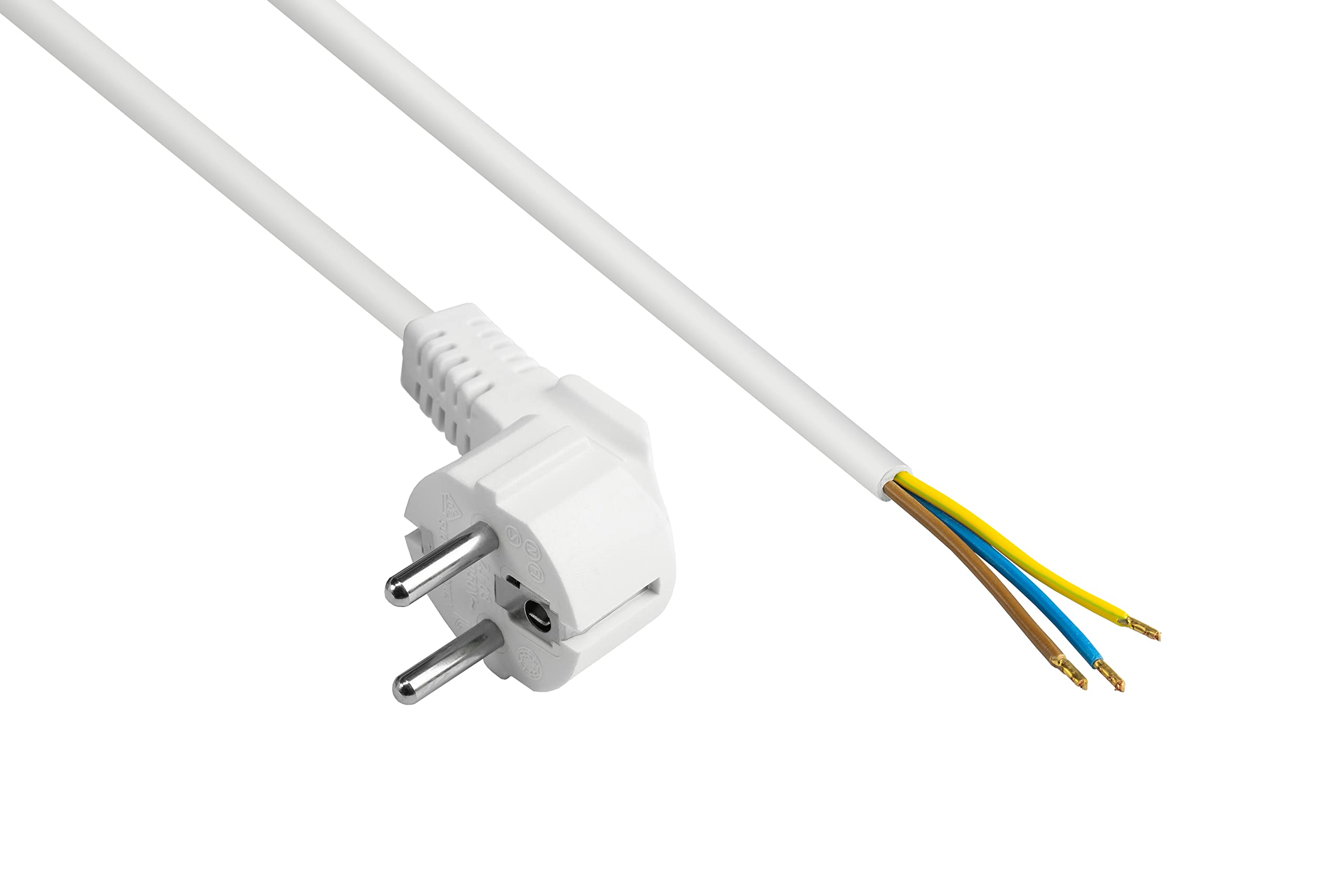 Good Connections P0185-W020 Power Cable, 2 m, Earthing Contact Plug Type E+F (CEE 7/7, Angled) to Stripped Ends, Power Cable for Assembly, 0.75 mm², White