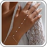 Sttiafay Boho Pearl Finger Ring Bracelet Gold Pearl Hand Chain Bracelet Gold Slave Finger Bracelet Pearl Bead Wrist Ring Bracelet Bead Bracelet Chain Jewelry for Women