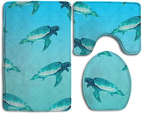 3 Piece Bath Mat Set Deep Sea Watercolor Turtle Non Slip Bathroom Mats Contour Toilet Cover Rug