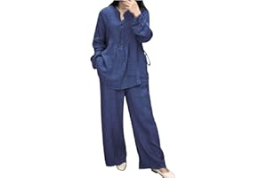 Long sleeve linen 2 piece set featuring stand collar, button down and matching wide leg pants
