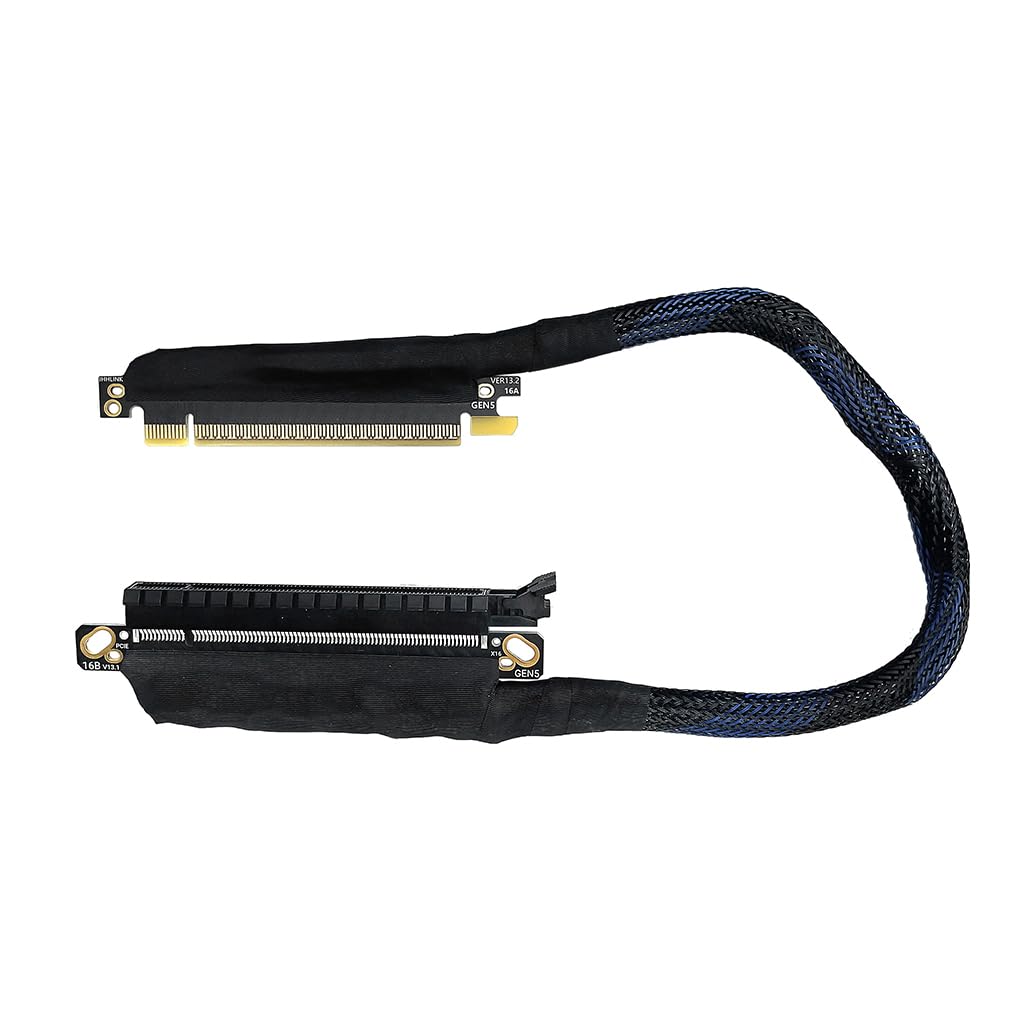 Photo 1 of JMT 180 Degree 64GBS PCIE 5.0 X16 Graphics Card Extension Cable GEN5 Braided Mesh Harness Riser for AI Server Graphics Card Bendable GPU Adapter 16AB5 (Right Out Right in,30CM)