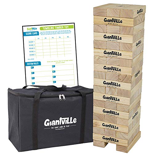 Giantville Giant Tumbling Timber Toy - Jumbo Wooden Blocks Floor Game for Kids and Adults, 56 Pieces, Premium Pine Wood, Carry Bag, Life Size - Grows to Over 5-feet While Playing - by Giantville