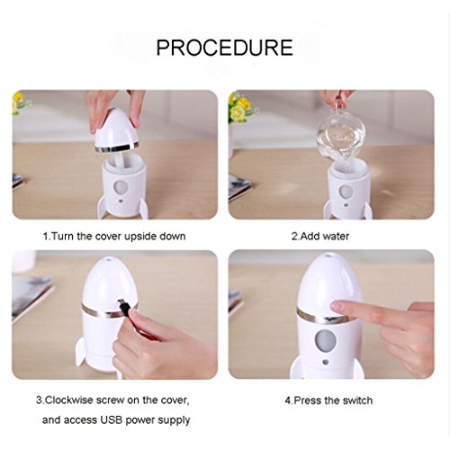Rocket Shape Cool Mist Humidifier with Colorful Night Light, Kingfansion USB Powered Air Purification Aromatherapy Essential Oil Diffuser for Car Office Bedroom (White) - Thumbnail 5