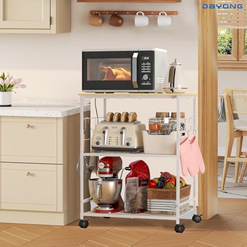 DAYONG Rolling Microwave Cart, 3-Tier Kitchen Storage Rack with Wheels, Mobile Shelving Unit Organizer Utility Cart for Small Spaces, Kitchen, Living Room, Balcony, Coffee Bar, Office (White)