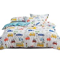 LAYENJOY 100% Cotton Kids Duvet Cover Set Twin, Multicolor Cars Vehicles Bicycle Motorcycle Traffic Light Cartoon Pattern Bedding Set for Teens Boys Girls, 1 Duvet Cover 2 Pillowcases, No Comforter