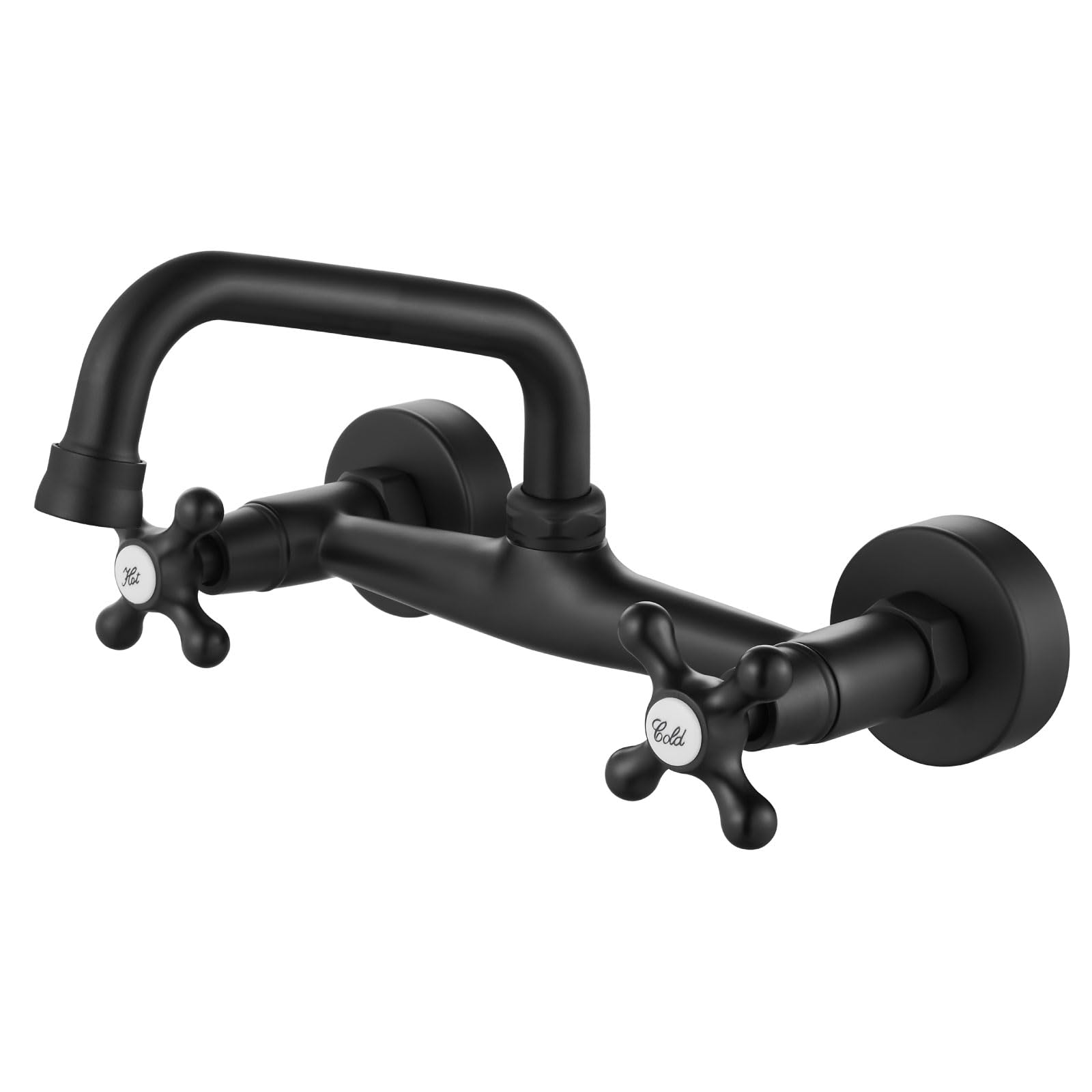 Airuida Wall Mount Kitchen Sink Faucet for 6 Inch(15cm) Spout Reach 8 Inch Center Adjustable Center Double Cross Handles Hot and Cold Water Mixer Tap 360 Rotatable Faucet Matte Black