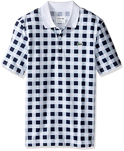 Lacoste Men's Golf Performance Short Sleeve Superlight Gingham Print Polo Shirt, White/Navy Blue, 7