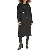 KARL LAGERFELD Women's Classic Long Double Breasted Textured Wool Peacoat With Lapel Pin