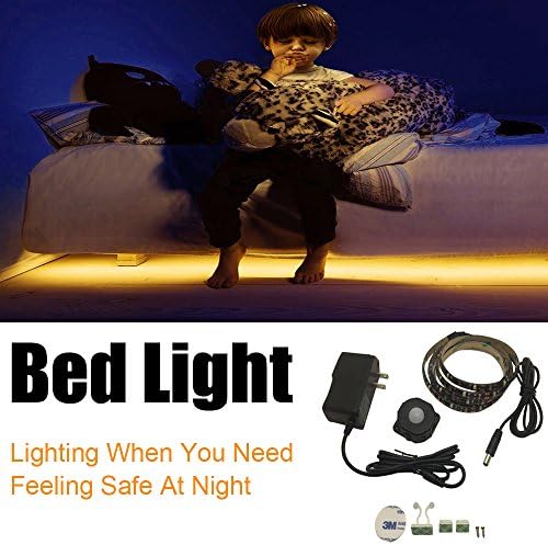 Motion Activated Bed Light,FSJEE Flexible LED Strip Motion Sensor Night Light with Automatic Shut Off Timer for Bedroom/Cabinet/Stairs/Bathroom Lamp Illumination (Twin bed, Black)