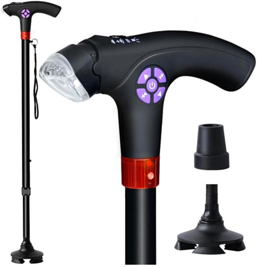 ZHDC® walking aids, Old man Non-slip Four legs Retractable walking stick Walker intelligent Aluminum alloy Multifunction Lightweight walking stick Single + donated four corners swap (Skid + lights + radio + alarm) walking aid