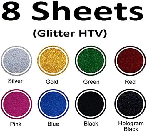 8 Colors (12 by 10 Inches) Glitter Heat Transfer Vinyl (HTV) Sheets for T-Shirts and other Fabrics - Press on HTV Vinyl for Silhouette Cameo, Cricut, Craft Cutters and more