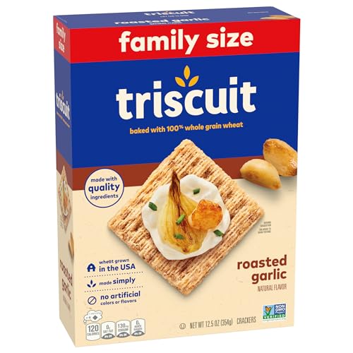 TRISCUIT ROASTED GARLIC WHOLE GRAIN WHEAT CRACKERS, SNACK CRACKERS, LUNCH SNACKS, FAMILY SIZE, 12.5 OZ