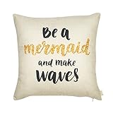 Fjfz Be a Mermaid and Make Waves Motivational Sign Inspirational Quote Cotton Linen Home Decorative Throw Pillow Case Cushion Cover with Words for Sofa Couch, Gold Glitter and Black, 18