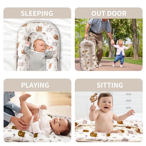 CENXI Baby Lounger, Foldable Infant Nest Pillow with Soft Memory Foam Mat, Cover with Adorable Pattern, Converts to Backpack for Easy Travel, Suit for 0-12 Months Infant (Elephant)