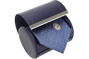 BALITIOYI Leather Tie Case Box Organizer for Men's Necktie and Bow Tie Storage Travel Gift Box (long button, Blue, 4.3" x 3.3" x 3.3")