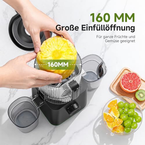 AMZCHEF Slow Juicer, 160 mm Filling Opening for Whole Fruits and Vegetables | 2.5 L cold press juicer for fresh juices, sorbet and nut milk, high juice yield, quiet, easy to clean, matte black