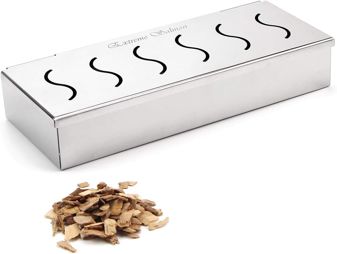 Extreme Salmon Stainless Steel Smoker Box with Hinged Lid for Gas Grill Wood Chips Grill Accessories Barbecue Grilling Smoker Utensils Extra Thick Stainless Steel Gas Charcoal Smoking Meat Grill: Garden & Outdoor