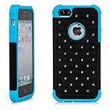 iPhone 5S Case, iPhone 5 Case,iSee Case (TM) Luxurious Hybrid Dual Layer Lattice Total Defense Bling Rhinestone Diamond Full Cover Case for AT&T Verizon Sprint iPhone 5 iPhone 5S (5-Star Black on Blue)
