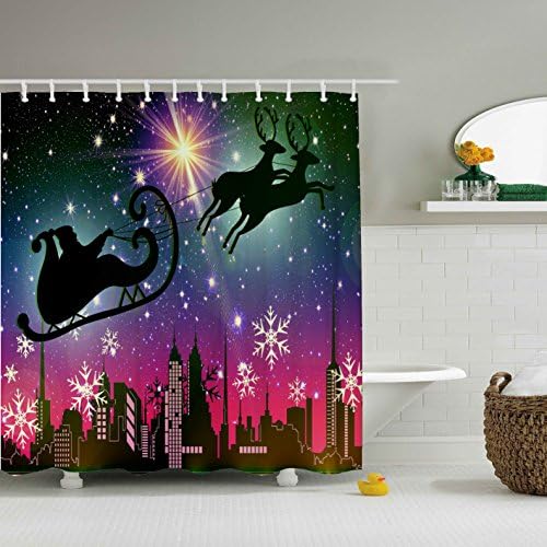 Santa Claus and His Deers Shower Curtains-Water, Soap, and Mildew resistant 12 Shower Hooks are Included-72" x 72"