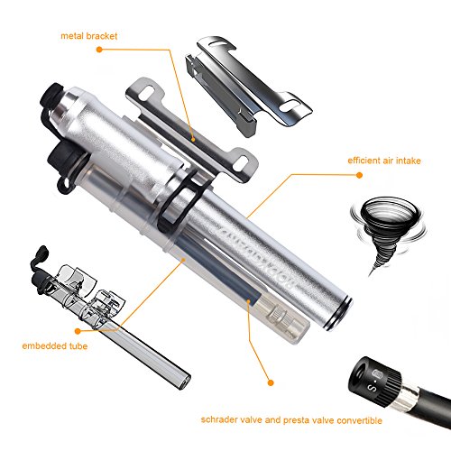 Bodyguard Mini Bike Pump - Reliable Hand Air Pump, Presta and Schrader Valve Compatible with Road, Mountain and BMX Bicycle Tires, High Pressure 260 Psi, 7.3 inches (Silver)