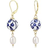 Hand-Painted Blue and White Porcelain Earrings – Freshwater Pearl Drop, 925 Sterling Silver, Vintage Lily of the Valley Design, Ideal for Mother’s Day & Birthdays