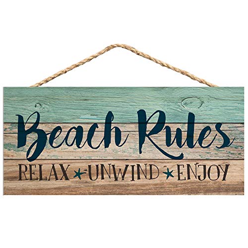 P. Graham Dunn Beach Rules Relax Unwind Enjoy Weathered 5 x 10 Wood Plank Design Hanging Sign