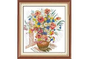 Maydear Cross Stitch Kits Stamped Full Range of Embroidery Starter Kits for Beginners DIY 11CT 3 Strands -Colorful Flower vase 24.1×26.4(inch)