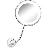 10x Magnifying Mirror with Light, Flexible Gooseneck Travel Make up Mirror | Wall Mount Mirror with Lights and Magnification, Battery Operated Cordless with Suction Cups for Bathroom Silver 1 Lighting