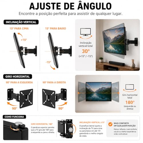 Suporte de TV Articulado de Parede 10 a 55 Polegadas Universal Inclinável Giratório 4 Movimentos para LED LCD OLED Smart TV 4K Plasma Suporta até 40kg com Kit de Instalação