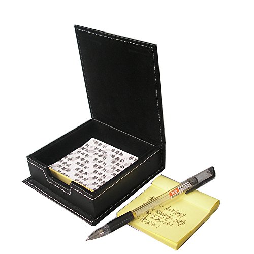 KINGFOM Desktop Organizer Supplies Leather Name Cards Holder Sticky Notes Dispenser Case with a Lid Cover 3.9 x 3.9 Inches(black)