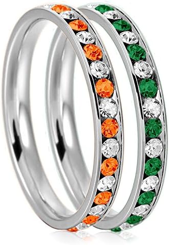 3mm Stainless Steel Crystal Channel Eternity Wedding Band Stackable Ring Set, Orange Hyacinth &amp; Green Emerald Color, Size 8