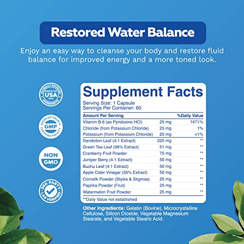 Natural Diuretic Water Away Pills Vitamin B6 Potassium & Dandelion Root