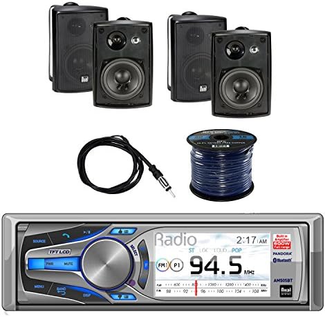 Dual Mechless AM/FM, MP3 Bluetooth Receiver iPod/iPhone Control with Dual 3-Way Indoor/Outdoor Speakers 100Watt 2-Pairs, Enrock Audio Marine Grade Spool of 50' 16G Speaker Wire &amp; Enrock Marine Antenna
