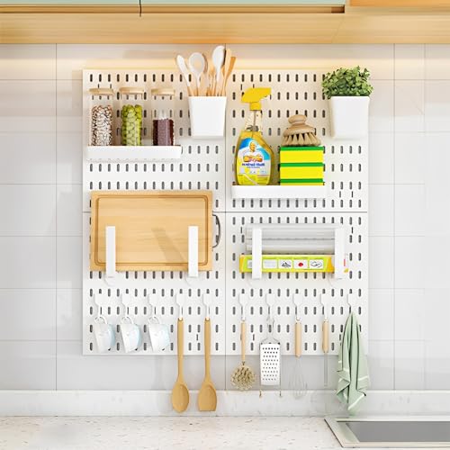 Pegboard Branco Conjunto 4 Armazenamento Montado Parede Painel Organizador Parede Combinado Kit Organizador Parede Plástico para Parede Garagem Sala Artesanato Bancada Trabalho Escritório, 30×30