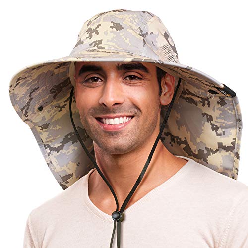 Camo Sun Hat for Men with UV Protection Wide Brim Safari Hike Cap w/Neck Flap Cover Digigy