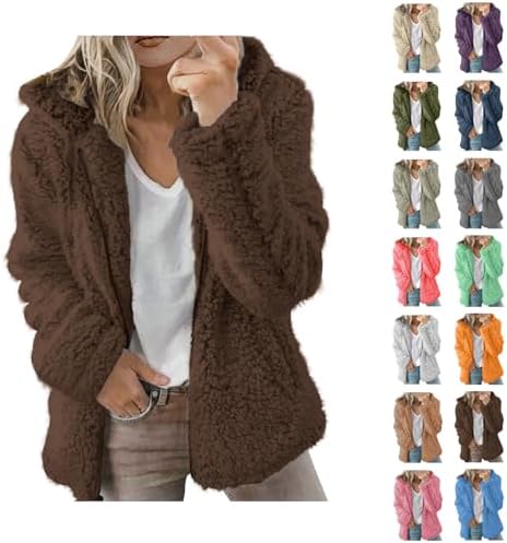 Fleece Jacket Fluffy Hoodies Women Casual Full Zip Plus Size Pockets Jackets Comfortable Sherpa Soft Plush Coral Hooded Loose Long Tops Warm Fleece Solid Coats Women's Lightweight Jacket # Coffee 3XL
