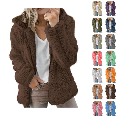 Fleece Jacket Fluffy Hoodies Women Casual Full Zip Plus Size Pockets Jackets Comfortable Sherpa Soft Plush Coral Hooded Loose Long Tops Warm Fleece Solid Coats Women's Lightweight Jacket # Coffee 3XL