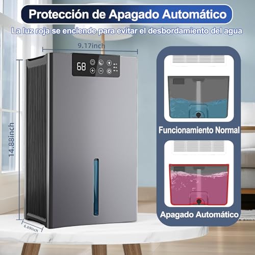 2.8L Deshumidificador Avanzado, Deshumidificador Doméstico Eléctrico con Función de eliminación de polvo, Silencioso Portátil, Luz LED de 7 Colores, Auto Descongelación, 6 Modo, para Sala Baño etc